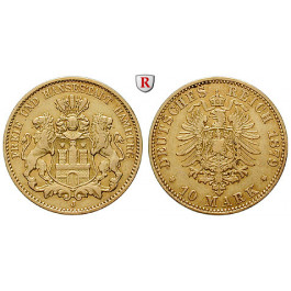 Deutsches Kaiserreich, Hamburg, 10 Mark 1879, J, ss+, J. 209