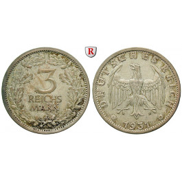 Weimarer Republik, 3 Reichsmark 1931, Kursmünze, A, vz, J. 349
