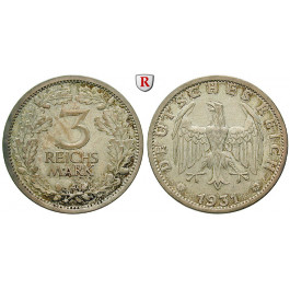 Weimarer Republik, 3 Reichsmark 1931, Kursmünze, A, vz, J. 349