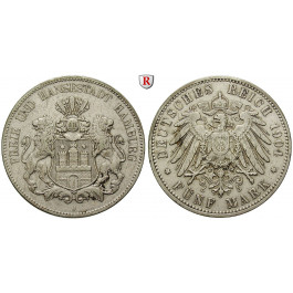 Deutsches Kaiserreich, Hamburg, 5 Mark 1904, J, ss+, J. 65