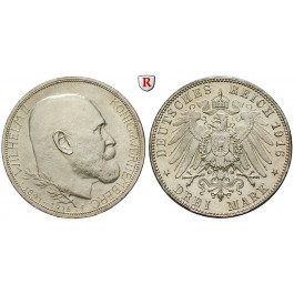 Deutsches Kaiserreich, Württemberg, Wilhelm II., 3 Mark 1916, Regierungsjubiläum, F, 15,0 g fein, st/PP, J. 178