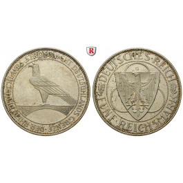 Weimarer Republik, 5 Reichsmark 1930, Rheinlandräumung, G, vz+, J. 346