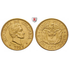 Kolumbien, Republik, 5 Pesos 1927, 7,32 g fein, vz