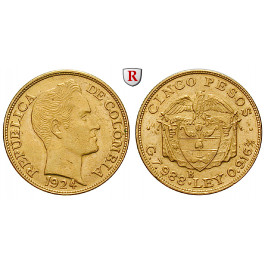 Kolumbien, Republik, 5 Pesos 1924, 7,32 g fein, ss-vz/vz