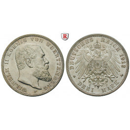 Deutsches Kaiserreich, Württemberg, Wilhelm II., 3 Mark 1912, F, f.vz, J. 175