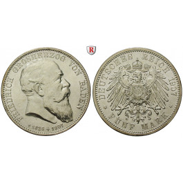 Deutsches Kaiserreich, Baden, Friedrich I., 5 Mark 1907, auf den Tod, G, f.vz/vz-st, J. 37