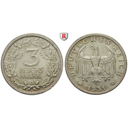 Weimarer Republik, 3 Reichsmark 1931, Kursmünze, A, vz, J. 349