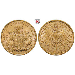 Deutsches Kaiserreich, Hamburg, 20 Mark 1913, J, vz-st, J. 212
