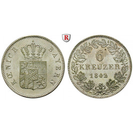 Bayern, Königreich, Ludwig I., 6 Kreuzer 1842, vz+
