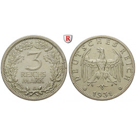 Weimarer Republik, 3 Reichsmark 1931, Kursmünze, A, ss-vz, J. 349