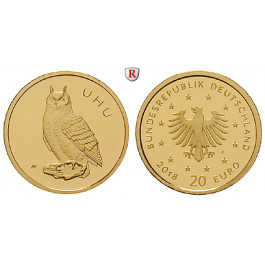 Bundesrepublik Deutschland, 20 Euro 2018, Heimische Vögel, Uhu, 1/8 Unze, J, 3,89 g fein, st