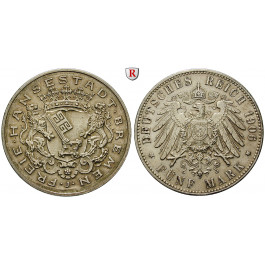 Deutsches Kaiserreich, Bremen, 5 Mark 1906, J, ss-vz, J. 60