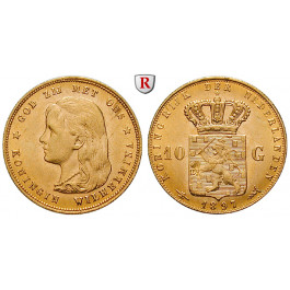 Niederlande, Königreich, Wilhelmina I., 10 Gulden 1897, 6,06 g fein, f.vz/vz-st