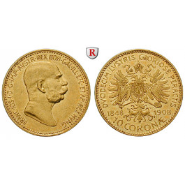 Österreich, Kaiserreich, Franz Joseph I., 10 Kronen 1908, 3,05 g fein, ss-vz/vz