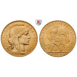 Frankreich, III. Republik, 20 Francs 1910, 5,81 g fein, vz-st