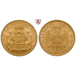Deutsches Kaiserreich, Hamburg, 20 Mark 1913, J, vz-st, J. 212
