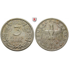 Weimarer Republik, 3 Reichsmark 1931, Kursmünze, F, ss-vz, J. 349