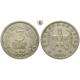 Weimarer Republik, 3 Reichsmark 1931, Kursmünze, A, ss+, J. 349