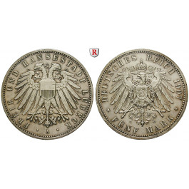 Deutsches Kaiserreich, Lübeck, 5 Mark 1907, A, ss+, J. 83