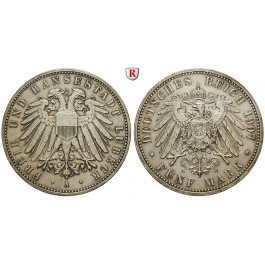 Deutsches Kaiserreich, Lübeck, 5 Mark 1907, A, ss+, J. 83