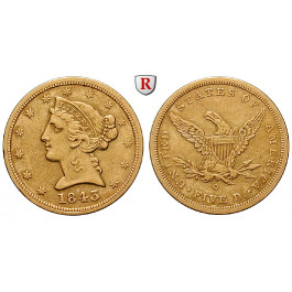 USA, 5 Dollars 1843, 7,43 g fein, ss+