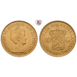 Niederlande, Königreich, Wilhelmina I., 10 Gulden 1917, 6,06 g fein, vz-st