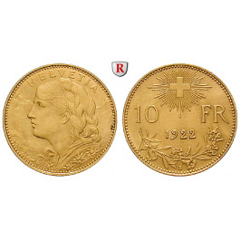 Schweiz, Eidgenossenschaft, 10 Franken 1922, 2,9 g fein, vz/vz-st