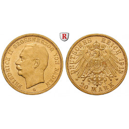 Deutsches Kaiserreich, Baden, Friedrich II., 20 Mark 1913, G, ss-vz/vz-st, J. 192