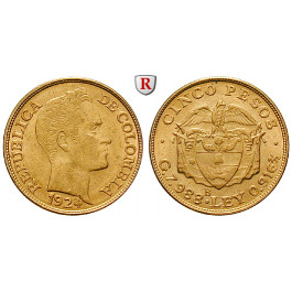 Kolumbien, Republik, 5 Pesos 1924, 7,32 g fein, f.vz/vz+
