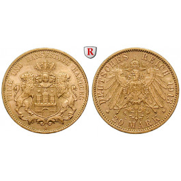 Deutsches Kaiserreich, Hamburg, 20 Mark 1913, J, vz+, J. 212