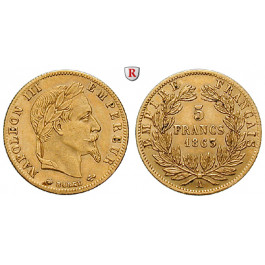 Frankreich, Napoleon III., 5 Francs 1863, 1,45 g fein, ss+