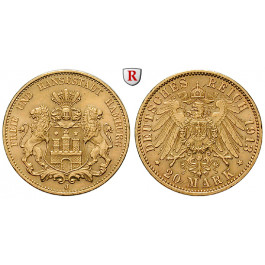 Deutsches Kaiserreich, Hamburg, 20 Mark 1913, J, vz-st, J. 212