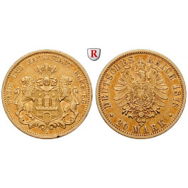 Deutsches Kaiserreich, Hamburg, 20 Mark 1878, J, ss+, J. 210