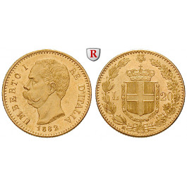 Italien, Königreich, Umberto I., 20 Lire 1882, 5,81 g fein, f.st