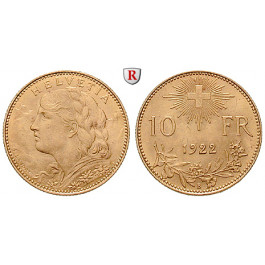 Schweiz, Eidgenossenschaft, 10 Franken 1912-1922, 2,9 g fein, vz