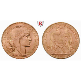 Frankreich, III. Republik, 20 Francs 1907-1914, 5,81 g fein, vz-st