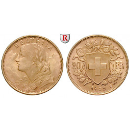 Schweiz, Eidgenossenschaft, 20 Franken 1897-1949, 5,81 g fein, vz-st