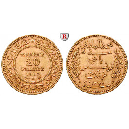 Tunesien, Französisches Protektorat, 20 Francs 1891-1928, 5,81 g fein, ss