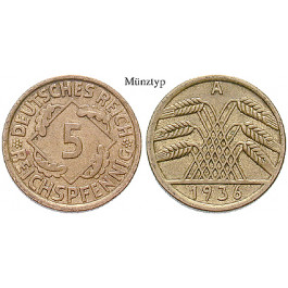 Weimarer Republik, 5 Reichspfennig 1936, J, vz, J. 316
