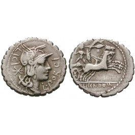 Römische Republik, L. Porcius Licinus, Denar, serratus, ss