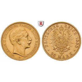 Deutsches Kaiserreich, Preussen, Wilhelm II., 20 Mark 1888, (ABBILDUNG MÜNZTYP), A, 7,17 g fein, ss, J. 250