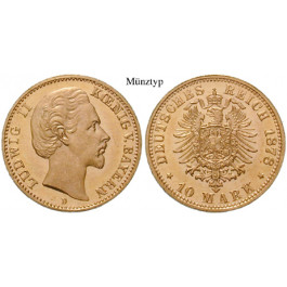 Deutsches Kaiserreich, Bayern, Ludwig II., 10 Mark 1874-1881, (ABBILDUNG MÜNZTYP), D, 3,58 g fein, ss, J. 196