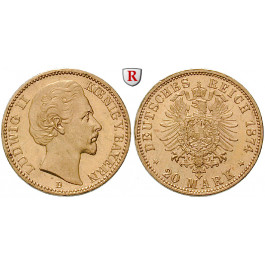 Deutsches Kaiserreich, Bayern, Ludwig II., 20 Mark 1874-1878, D, 7,17 g fein, ss, J. 197