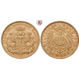 Deutsches Kaiserreich, Hamburg, 10 Mark 1890-1913, (ABBILDUNG MÜNZTYP), J, 3,58 g fein, ss, J. 211