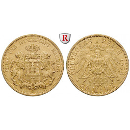 Deutsches Kaiserreich, Hamburg, 20 Mark 1893-1913, (ABBILDUNG MÜNZTYP), J, 7,17 g fein, ss, J. 212