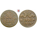 Nebengebiete, Deutsch-Ostafrika, 20 Heller 1916, Drei Blätter / Große Krone, T, vz, J. 724a