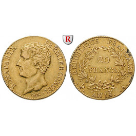Frankreich, Napoleon I. (Konsul), 20 Francs 1803-1804 (AN 12), 5,73 g fein, ss