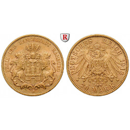 Deutsches Kaiserreich, Hamburg, 20 Mark 1913, J, vz+, J. 212
