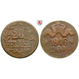Nebengebiete, Deutsch-Ostafrika, 20 Heller 1916, Drei Blätter / Große Krone, T, ss, J. 724a