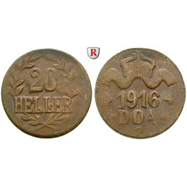Nebengebiete, Deutsch-Ostafrika, 20 Heller 1916, Drei Blätter / Große Krone, T, ss, J. 724a